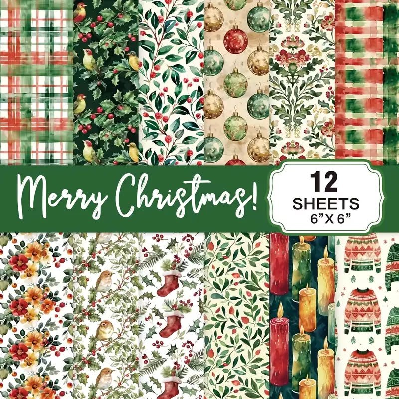 Kit de Papeles 6x6 - Merry Christmas! - Tonalidades Verdes - 12 hojas